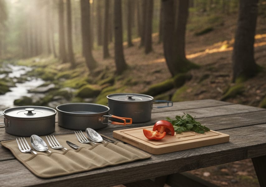 Nested camp pots, a folding-handle pan and a cutlery roll laid out on a table beside a forest stream