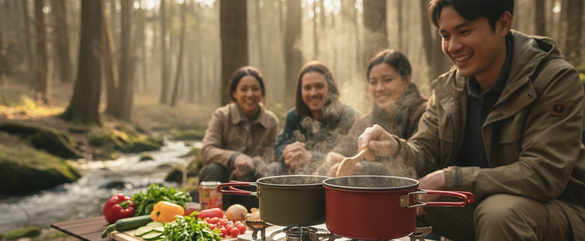 Four campers around a table by a stream while a pot comes up to a simmer